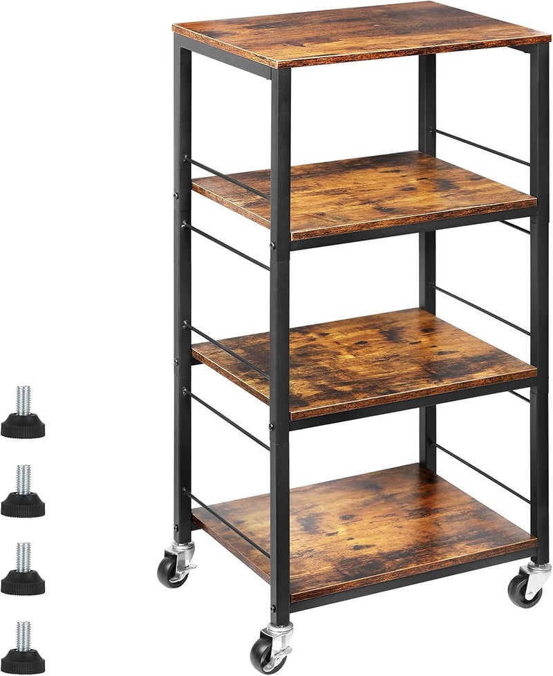 CADUKE Rolling Kitchen Cart Industrial Serving Cart 4 Tier Wood Utility Island on Wheels Rolling Bar Cart with Storage Farmhouse Microwave Table Serving Trolley Stand for Bathroom Living Room, Brown - Image 1